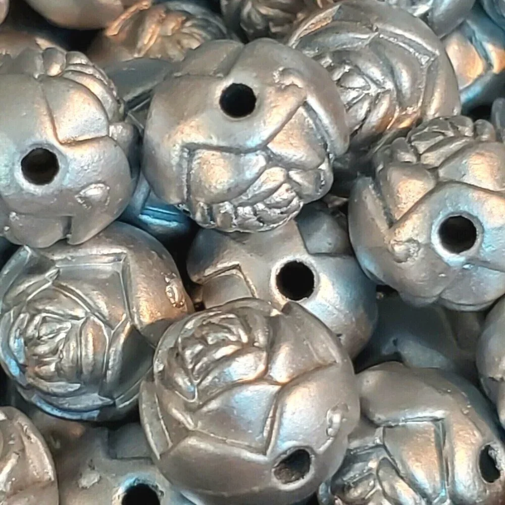 Vintage Retro Silver Satin Rosebud Flower 14mm Round Acrylic Beads 10 pcs